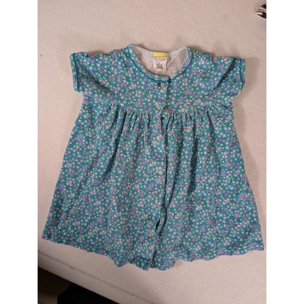 Vintage Old Navy Blue Floral Button Front Dress 18-24 Months Cotton Short Sleeve